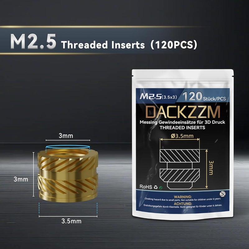 DACKZZM Heat Set Insert, M2.5 Threaded Inserts for Plastic and 3D Printing (120 Pieces), Brass Metric Knurled Nuts - Insert by Heat into Plastic Parts - Image 3
